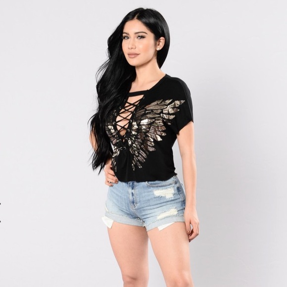 🧡3/$30 Fashion Nova Lace-up Metallic Wing Crop - Picture 2 of 9